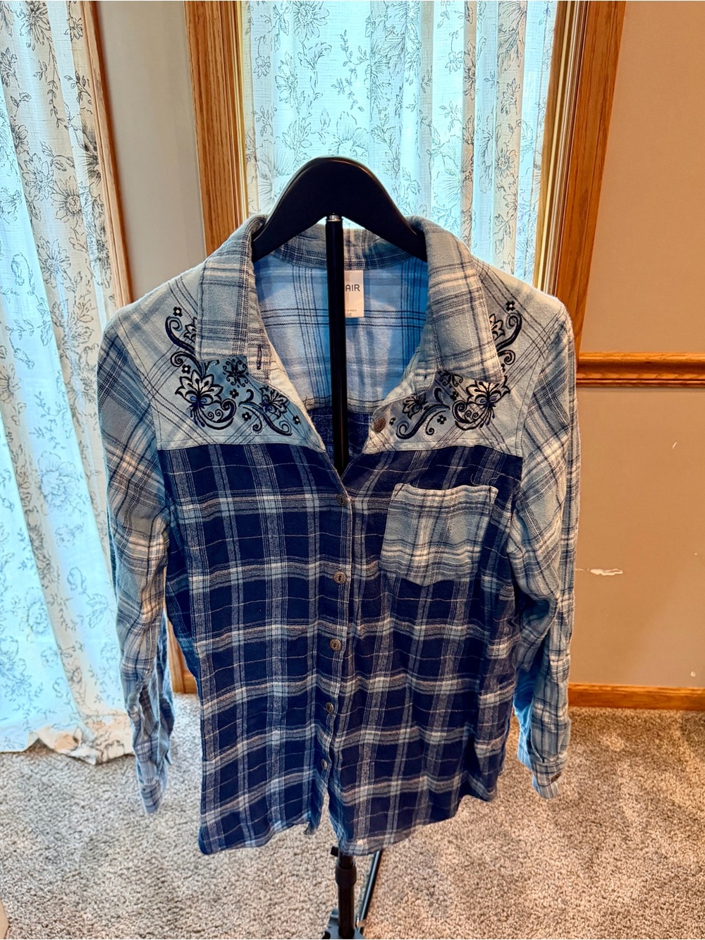 Blair Blue and White Plaid Button-Down Shirt with Embroidered Yoke